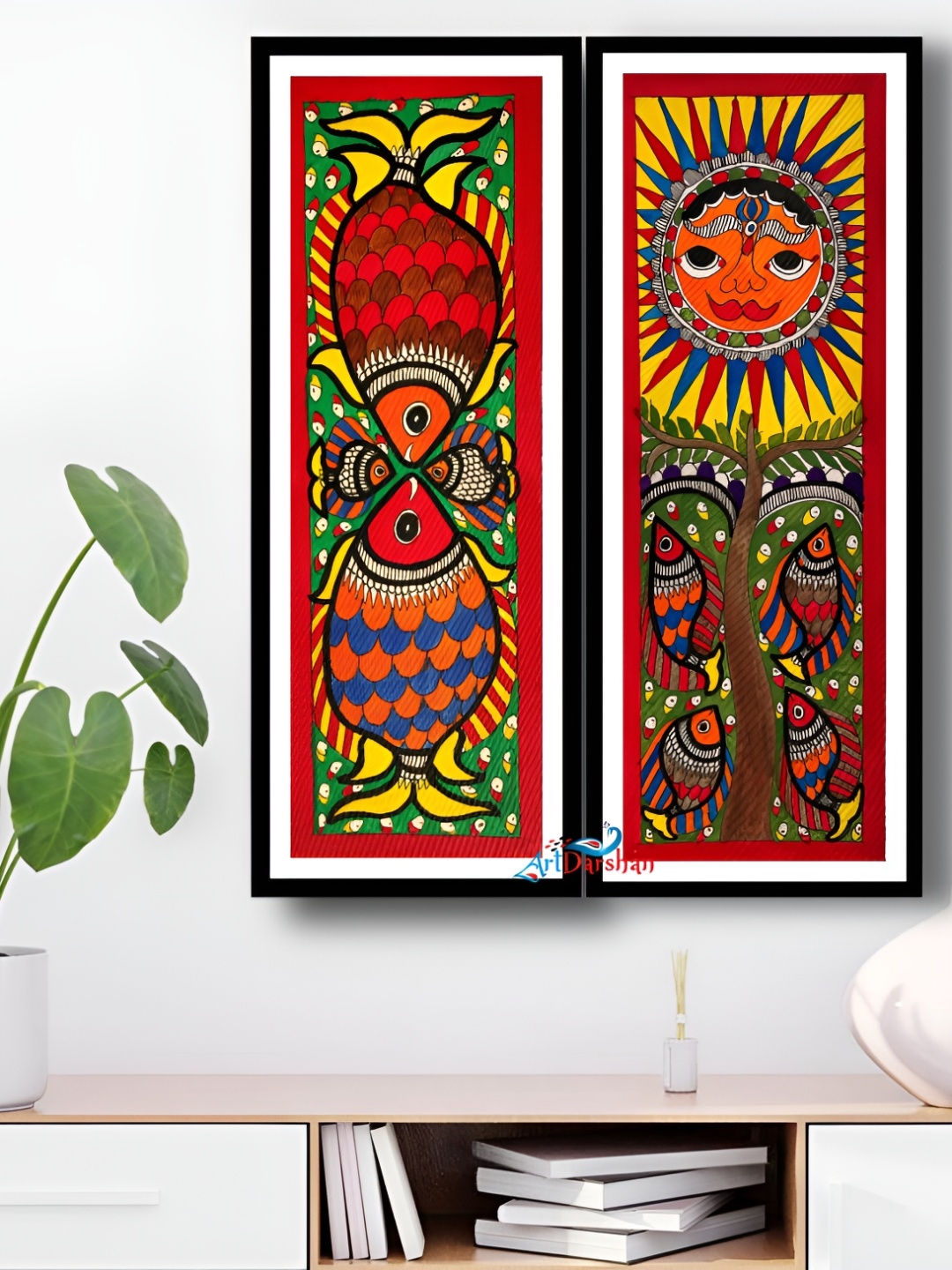 

ARTDARSHAN Red & Green 2 Pieces Birds and Animals Rectangular Paintings Wall Art, Black