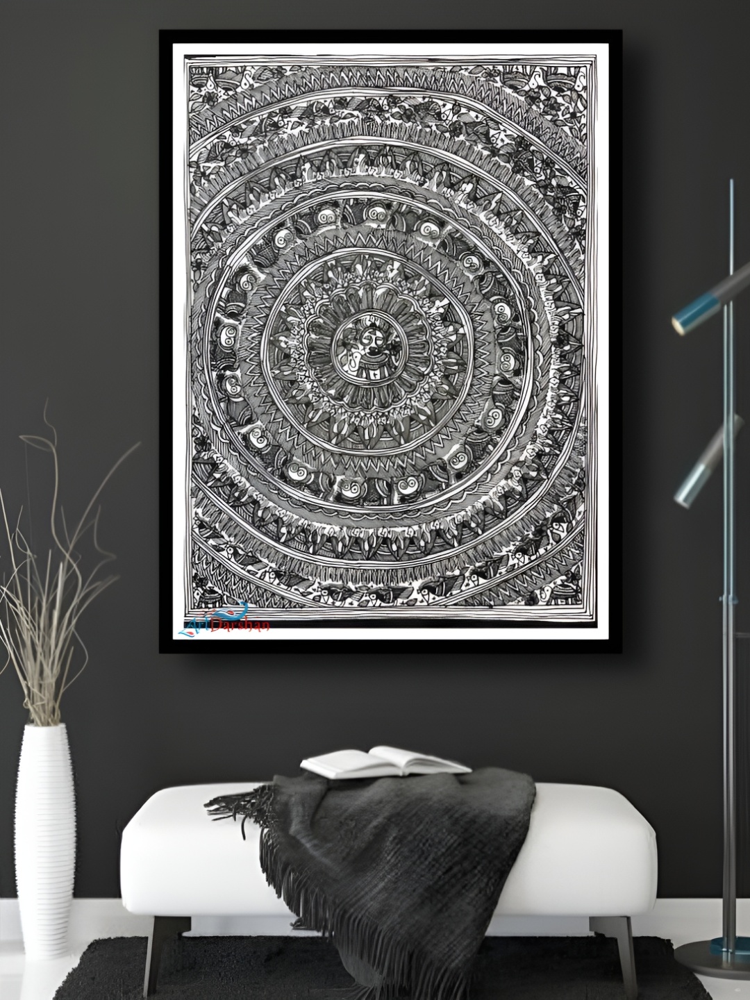 

ARTDARSHAN White & Black Madhubani Mandala Painting Wall Art