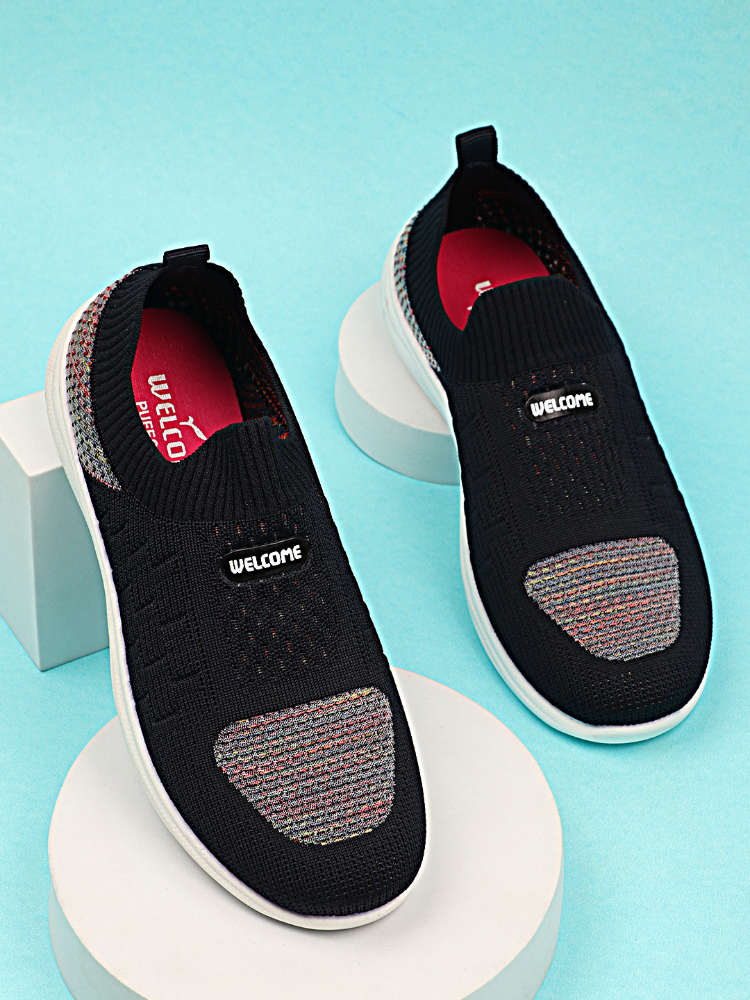 

WELCOME Women Colourblocked Round Toe Mesh Slip-On Sneakers, Navy blue