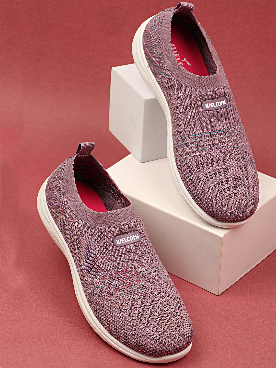 

WELCOME Women Textured Mesh Slip-On Sneakers, Mauve