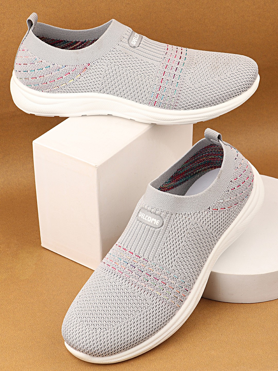 

WELCOME Women Textured Round Toe Mesh Slip-On Sneakers, Grey