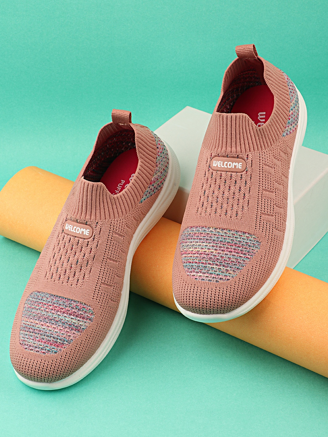 

WELCOME Women Textured Mesh Slip-On Sneakers, Peach