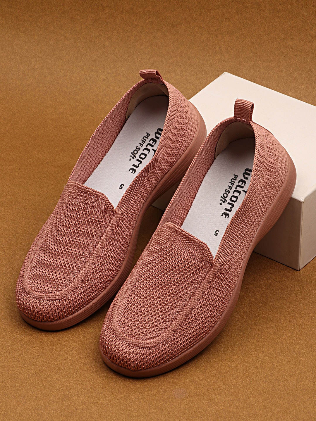 

WELCOME Women Textured Mesh Slip-On Sneakers, Peach