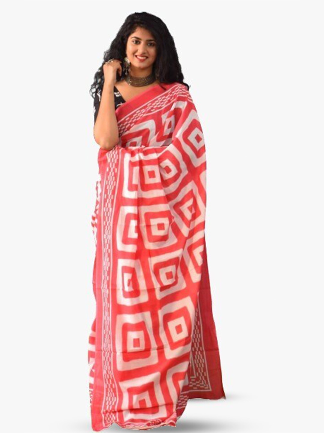 

clothonus Geometric Printed Ikat Pure Cotton Saree, Red