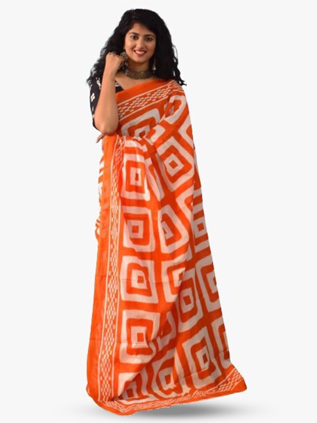 

clothonus Geometric Printed Ikat Pure Cotton Saree, Orange