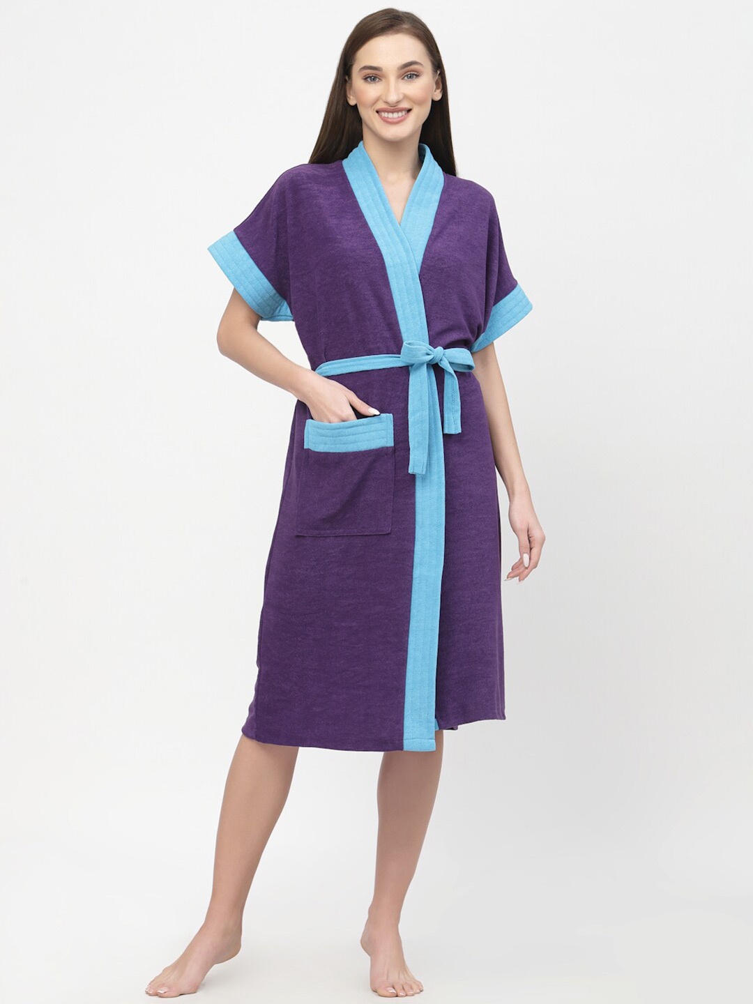 

POORAK Blue & Purple shawl collar Colourblocked Bath Robe