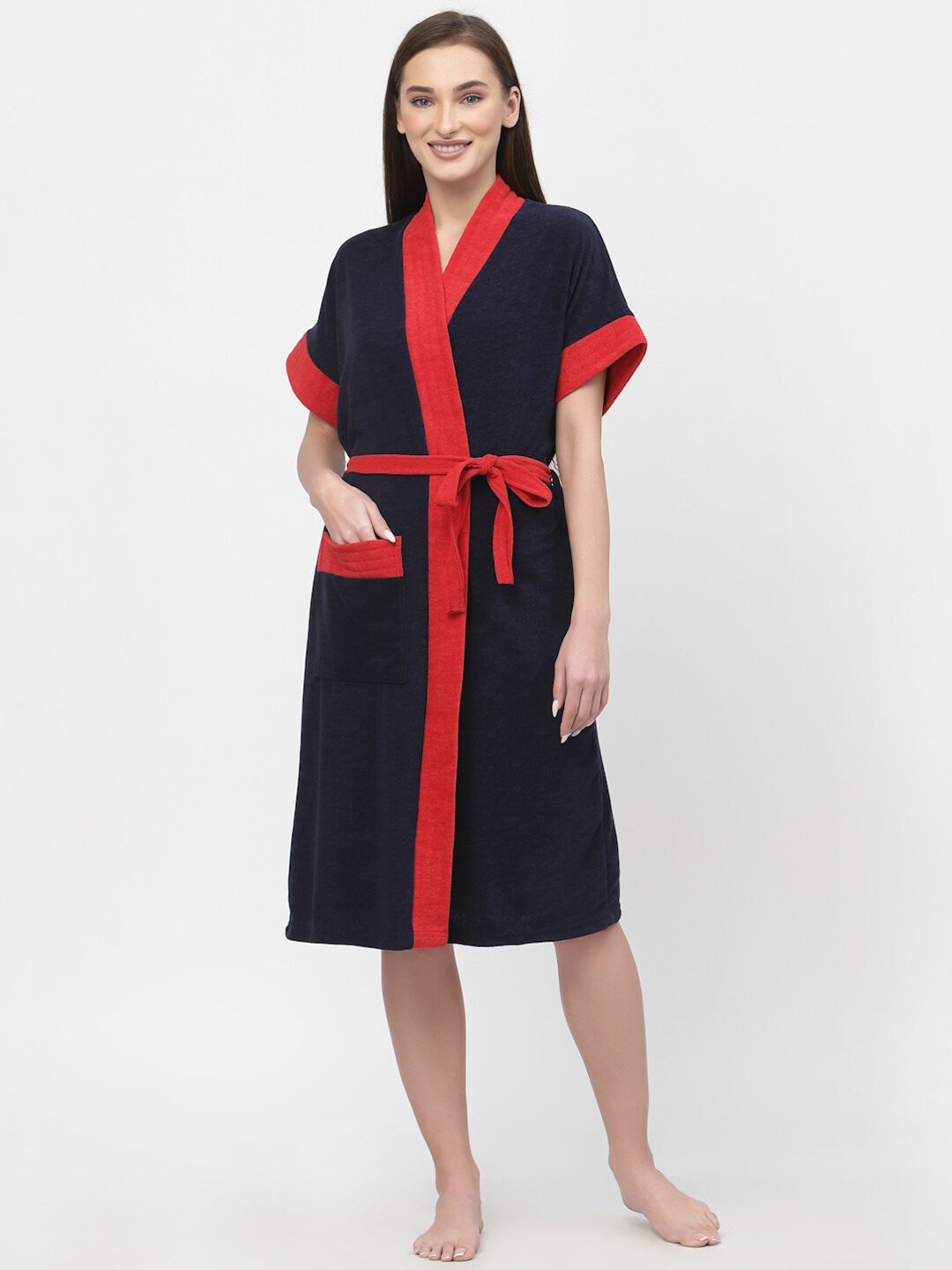 

POORAK Red & Navy Blue shawl collar Colourblocked Bath Robe