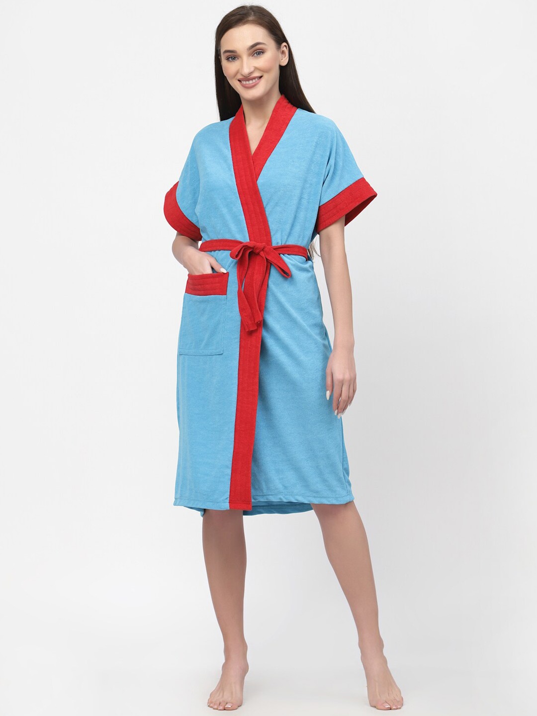 

POORAK Women Colourblocked Bath Robe With A Fabric Belt, Blue