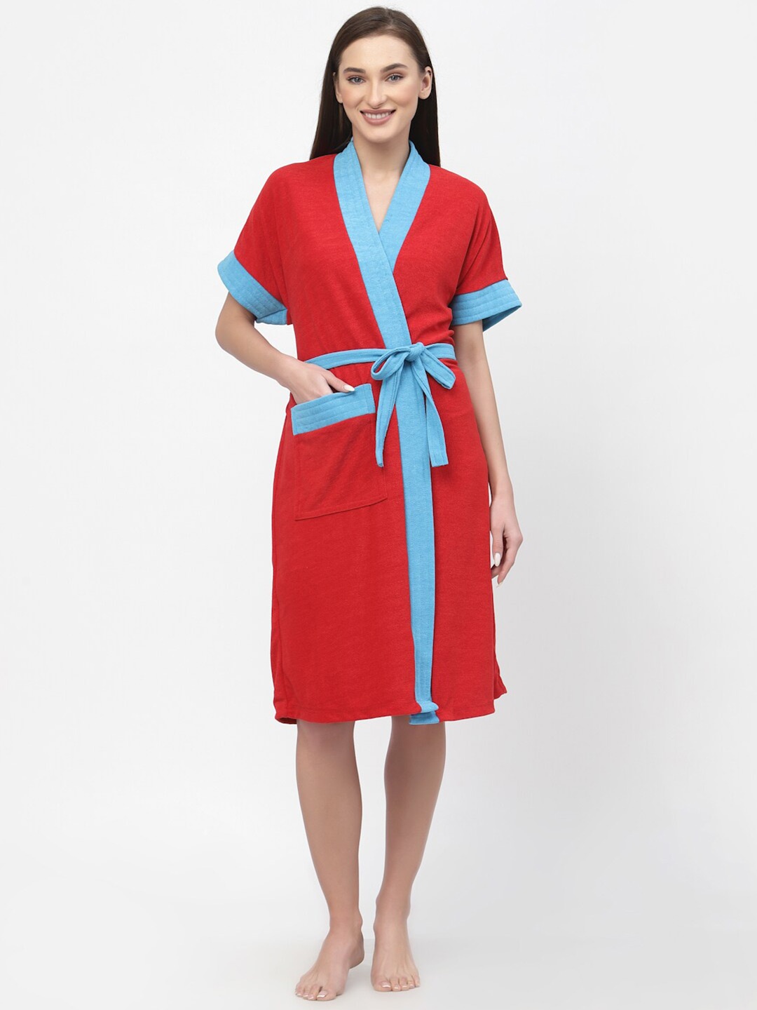 

POORAK Women Colourblocked Bath Robe With A Fabric Belt, Red