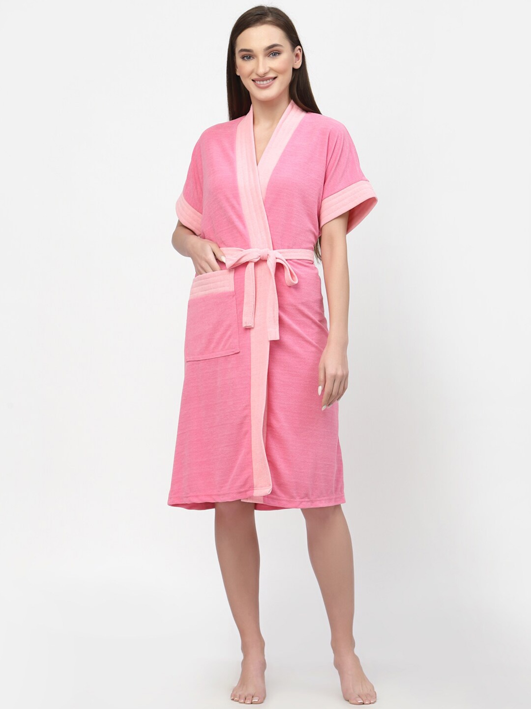 

POORAK Women Colourblocked Shawl Collar Bath Robe With A Fabric Belt, Pink