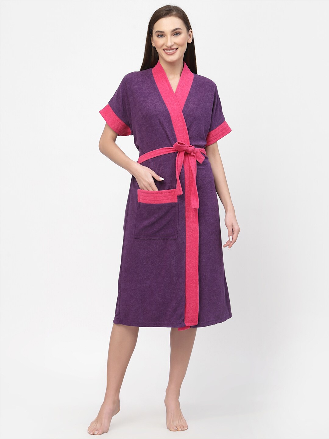 

POORAK Purple & Pink shawl collar Colourblocked Bath Robe
