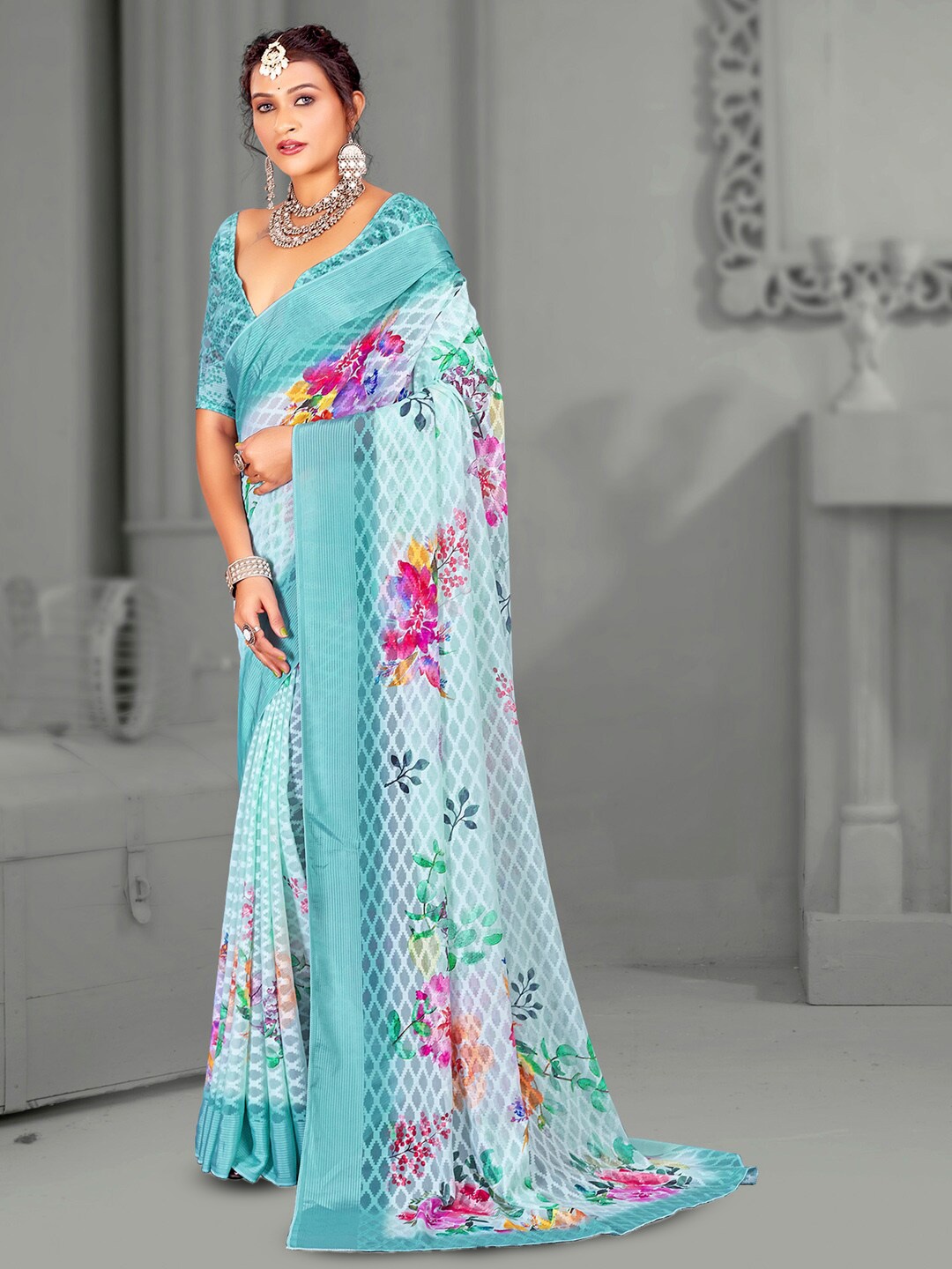 

Mitera Floral Printed Chanderi Saree, Turquoise blue