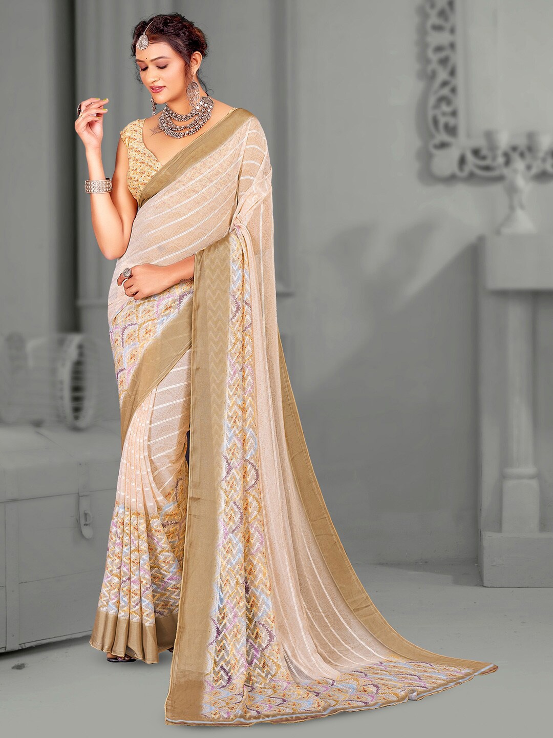 

Mitera Striped Printed Chanderi Saree, Cream