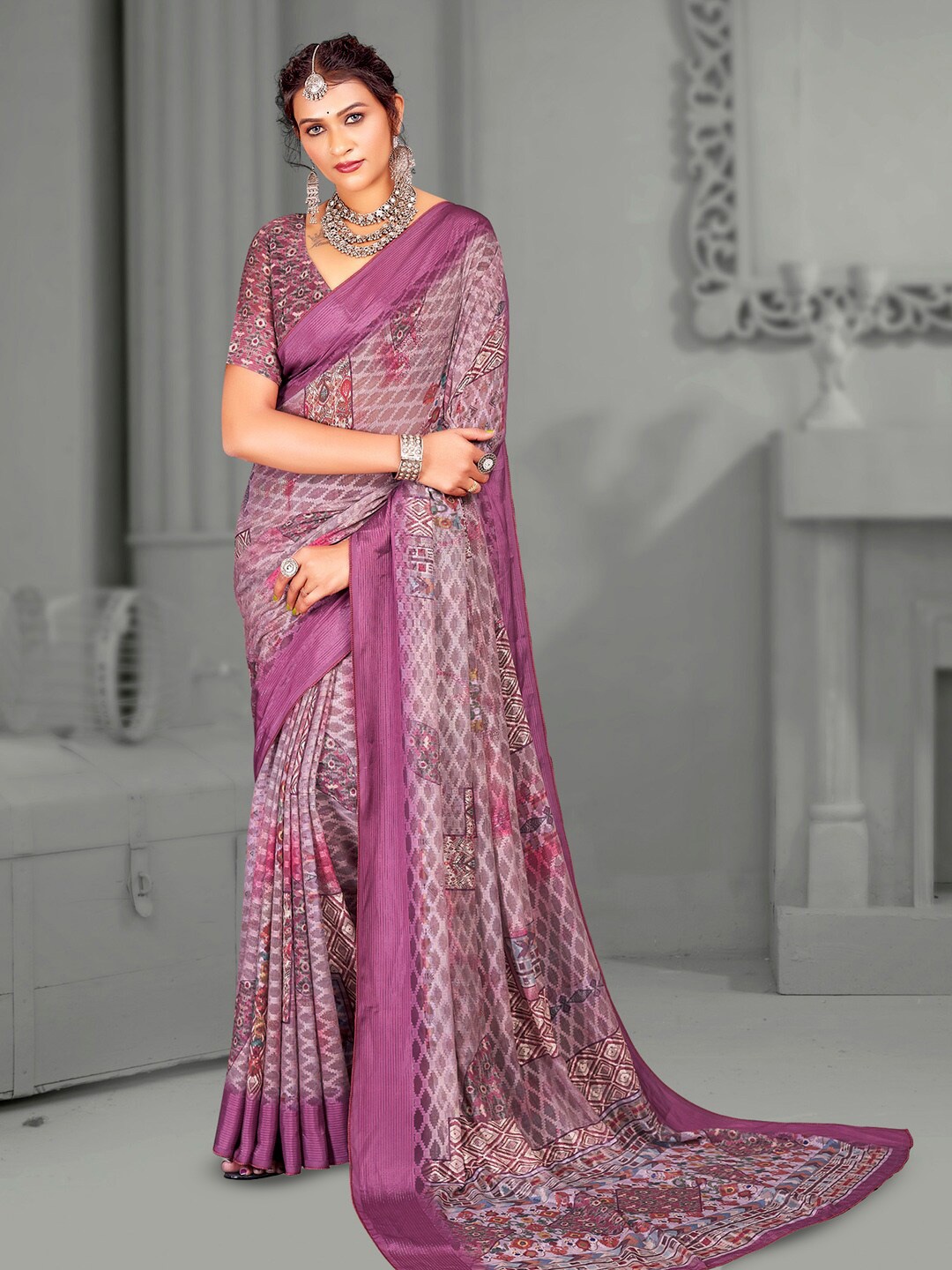 

Mitera Geometric Printed Chanderi Saree, Mauve