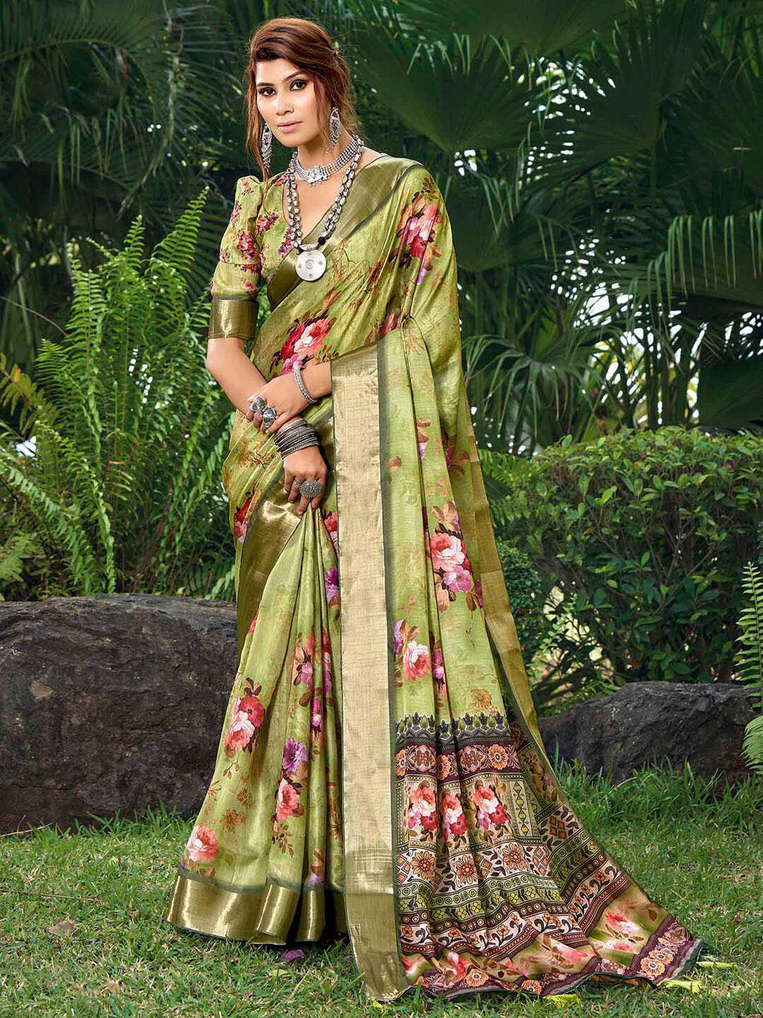 

Mitera Floral Printed Tussar Silk Saree, Green