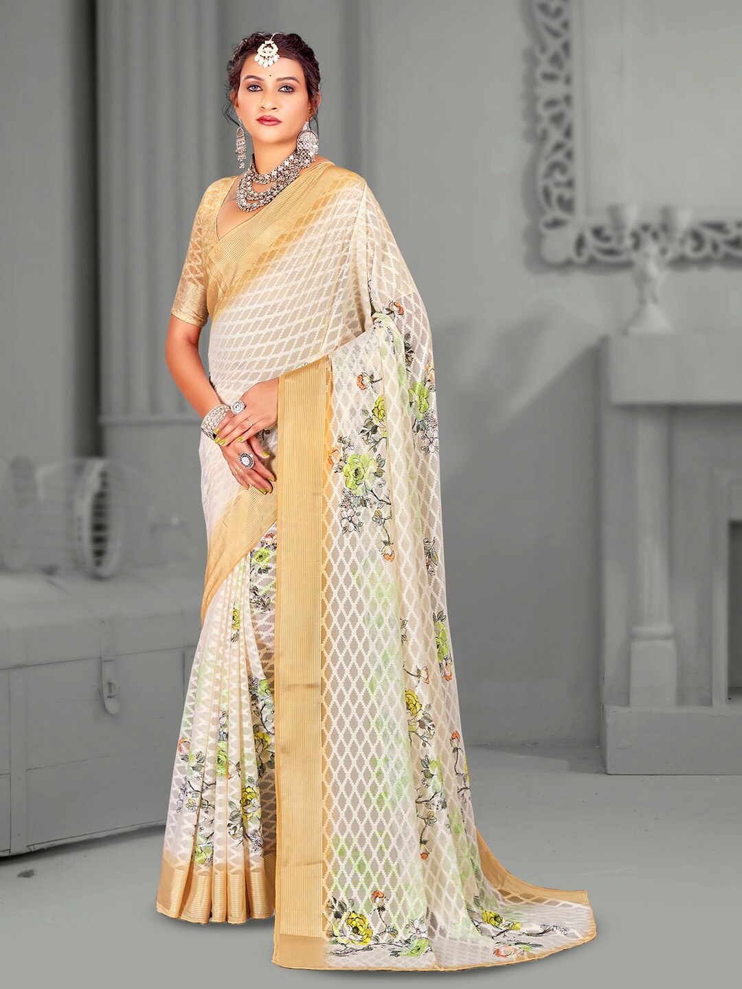 

Mitera Floral Printed Brasso Saree, Cream