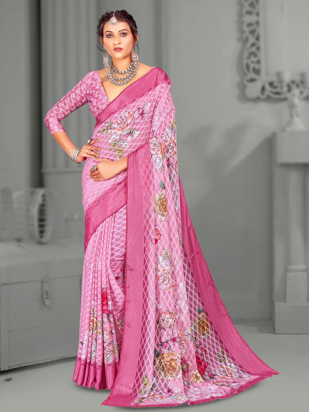 

Mitera Motifs Floral Printed Chanderi Saree, Pink