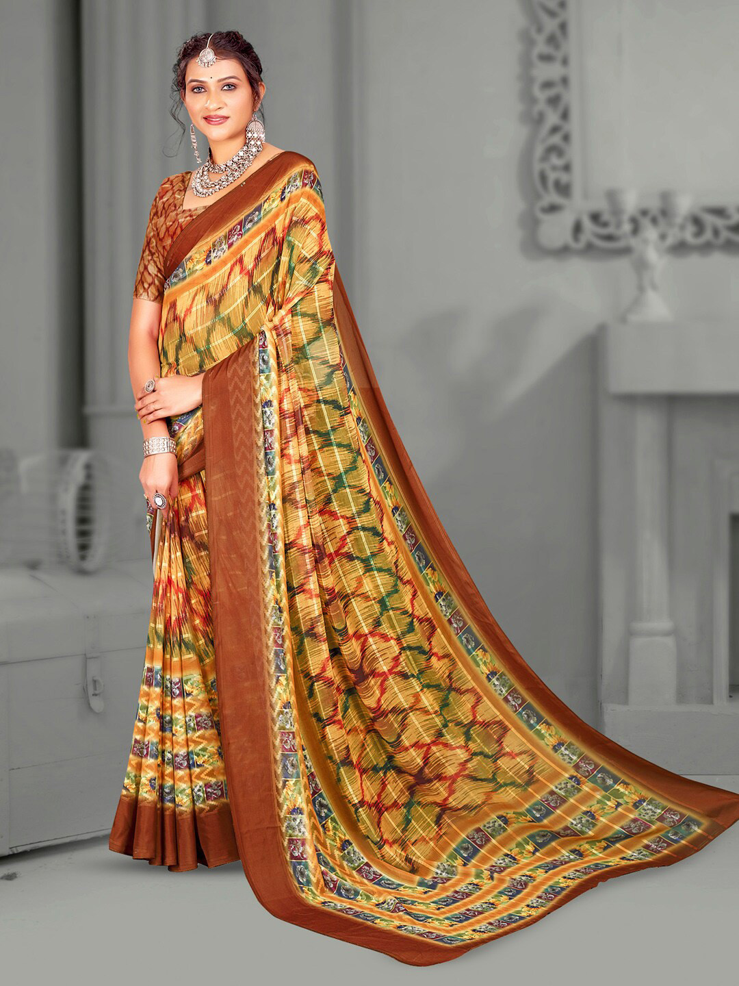 

Mitera Geometric Printed Chanderi Saree, Beige