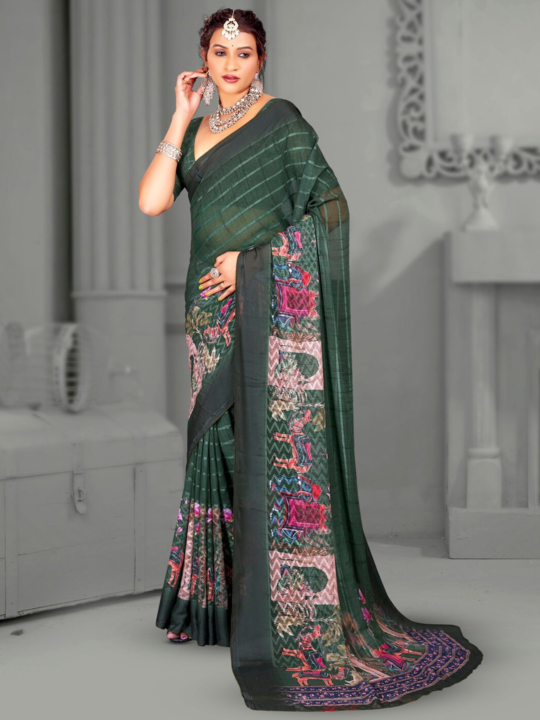 

Mitera Floral Motifs Printed Brasso Saree, Green