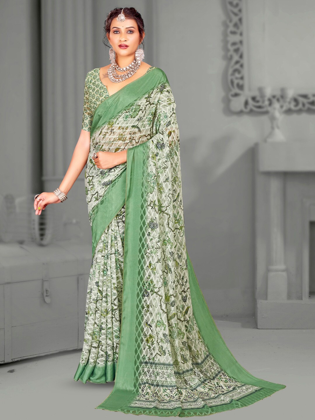 

Mitera Floral Printed Chanderi Saree, Off white