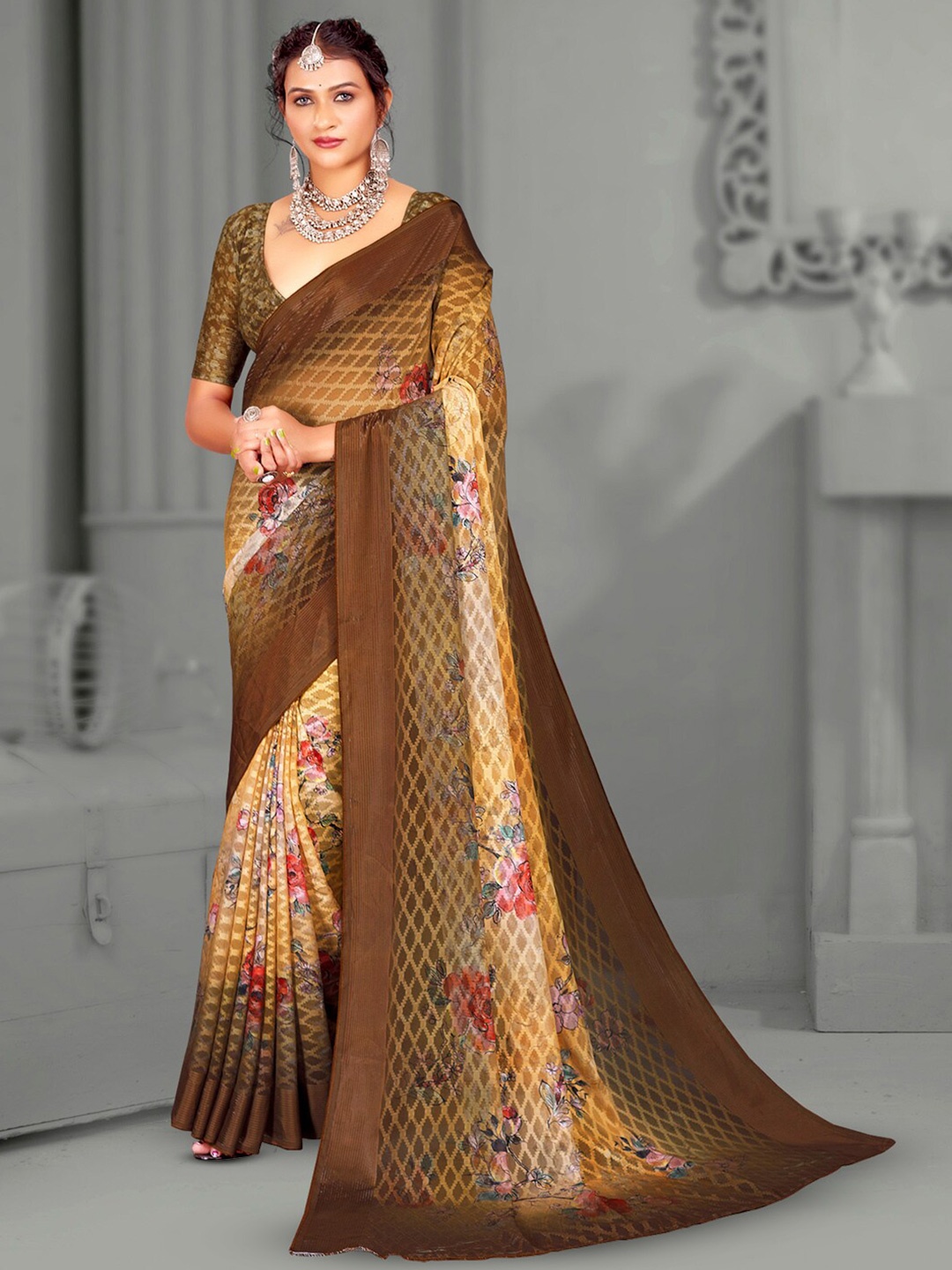 

Mitera Floral Printed Brasso Designer Saree, Brown