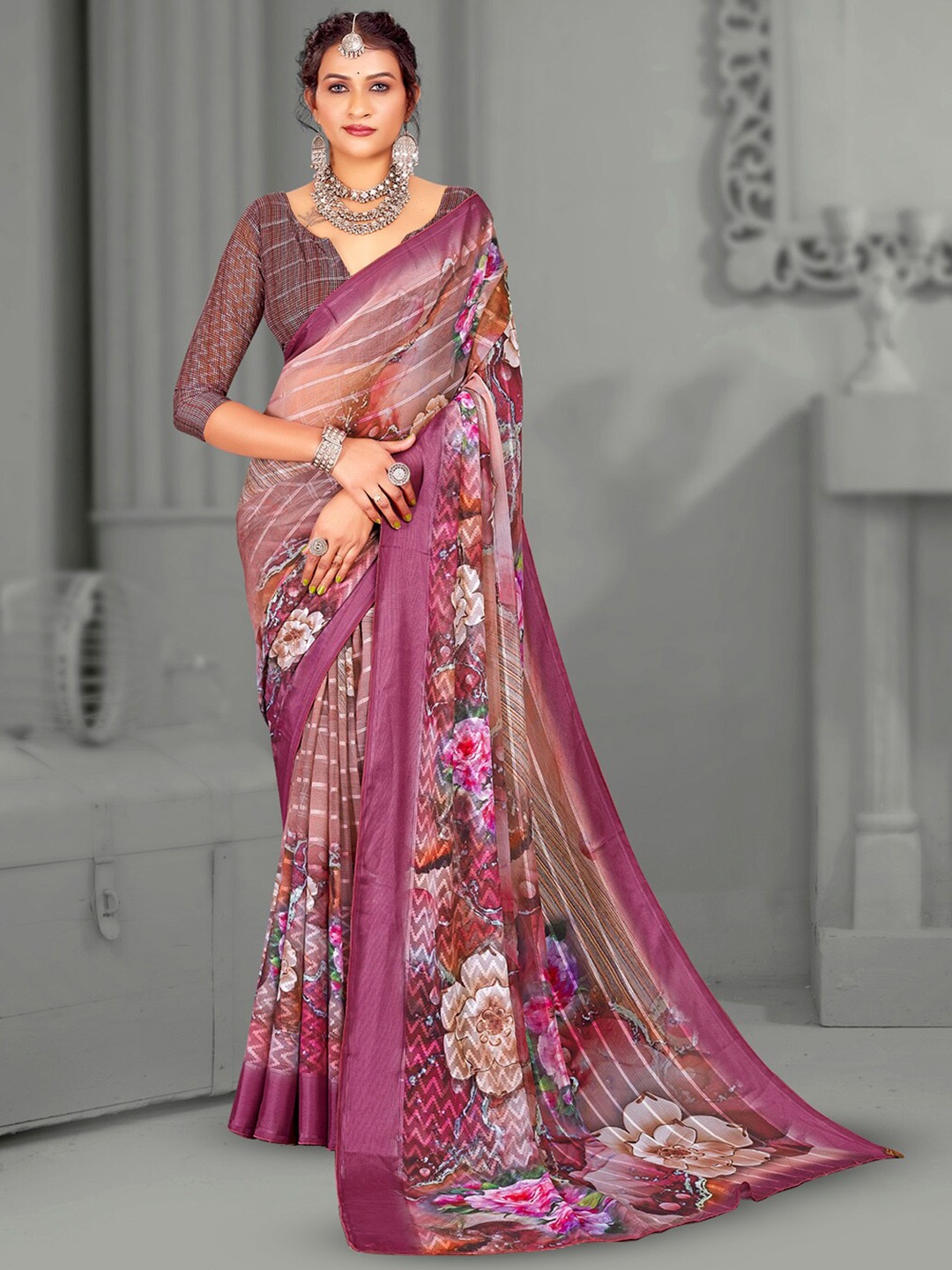 

Mitera Ethnic Motifs Brasso Designer Saree, Mauve