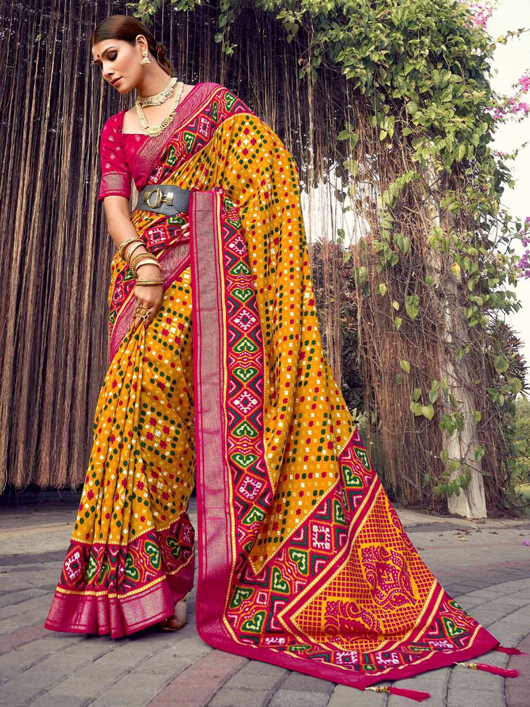 

Mitera Ethnic Motifs Printed Dola Silk Saree, Mustard