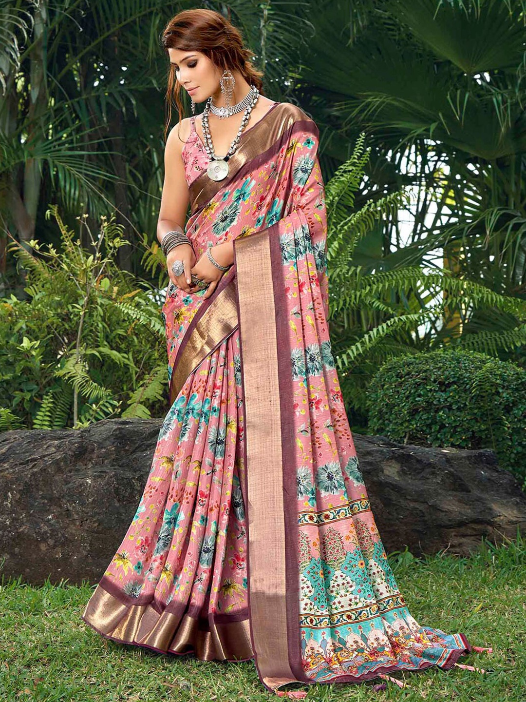 

Mitera Floral Printed Tussar Silk Saree, Pink