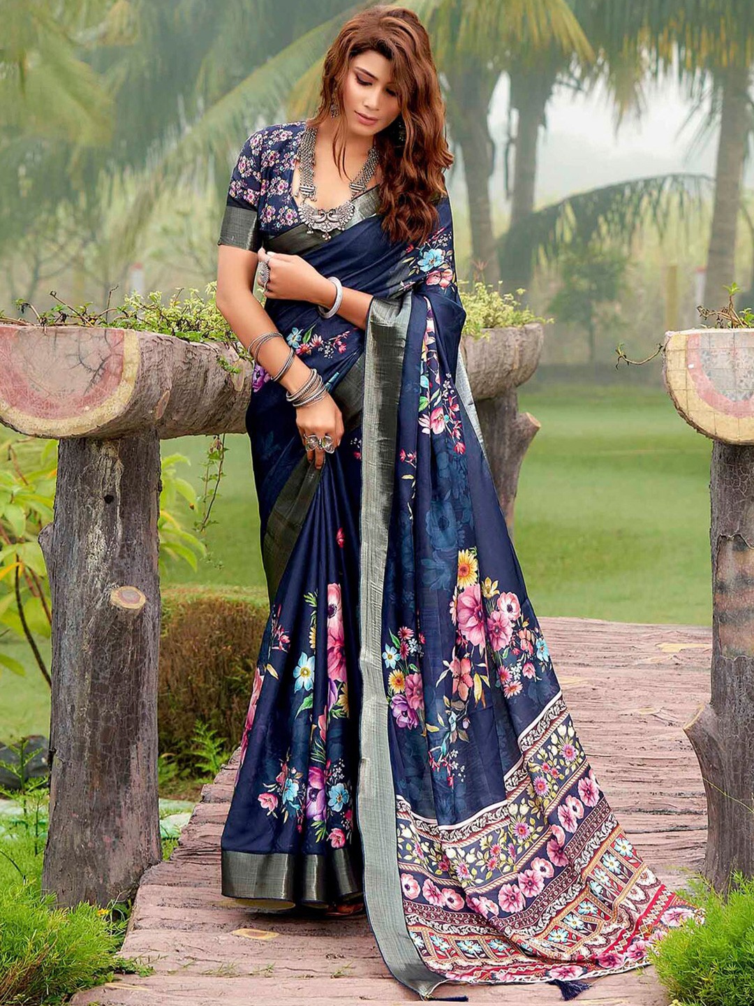 

Mitera Floral Printed Tussar Silk Saree, Navy blue