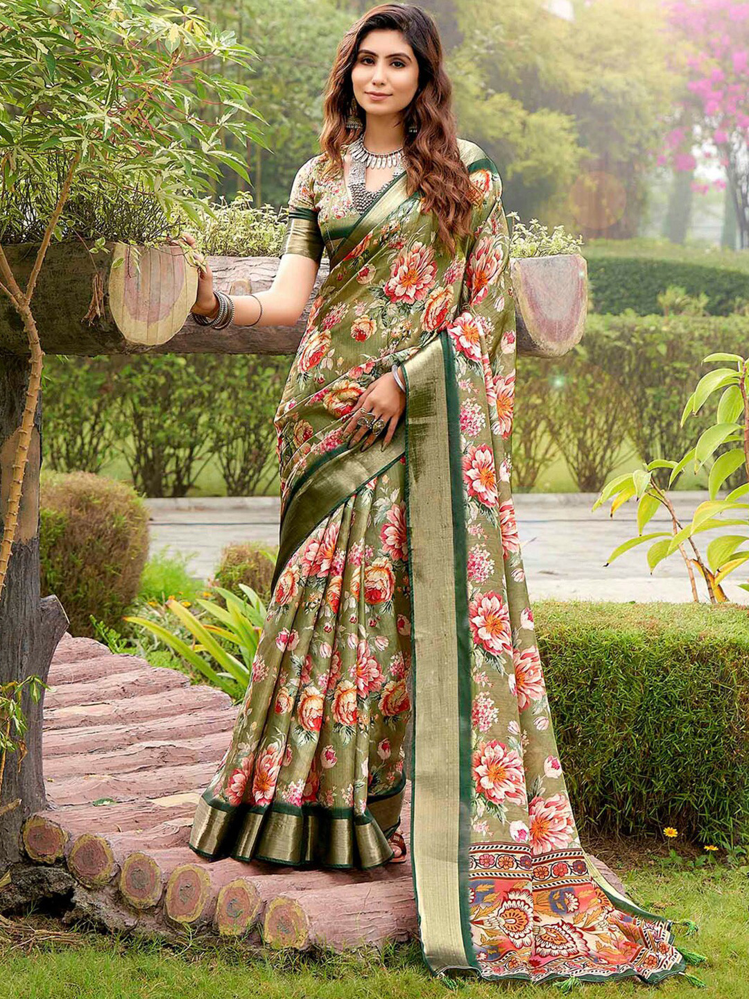 

Mitera Olive & Orange Floral Printed Zari Tussar Silk Sungudi Saree