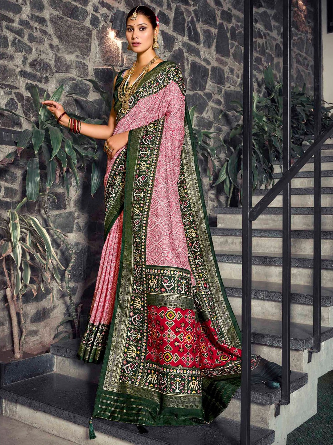 

Mitera Rose Gold & Green Paisley Printed Zari Silk Patola Saree