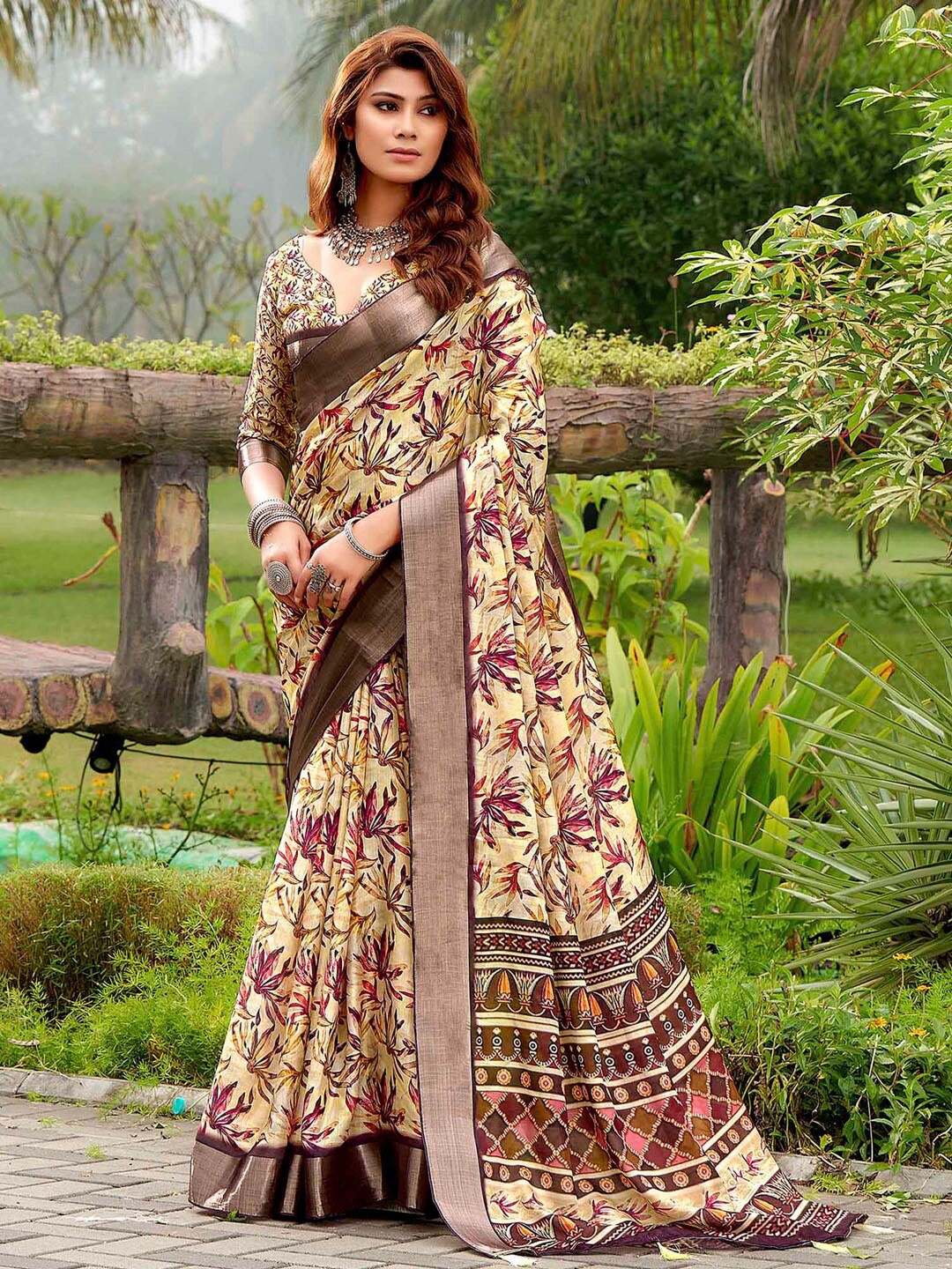 

Mitera Floral Printed Tussar Silk Saree, Yellow
