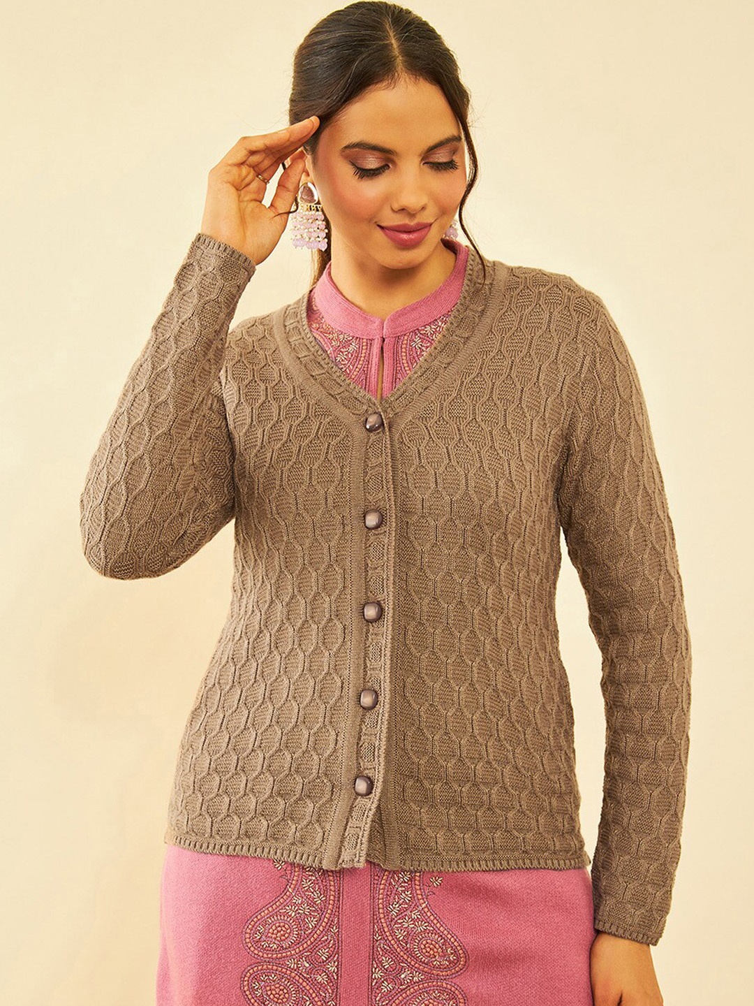 

Soch Brown Cable Knit Self Design V-Neck Acrylic Cardigan