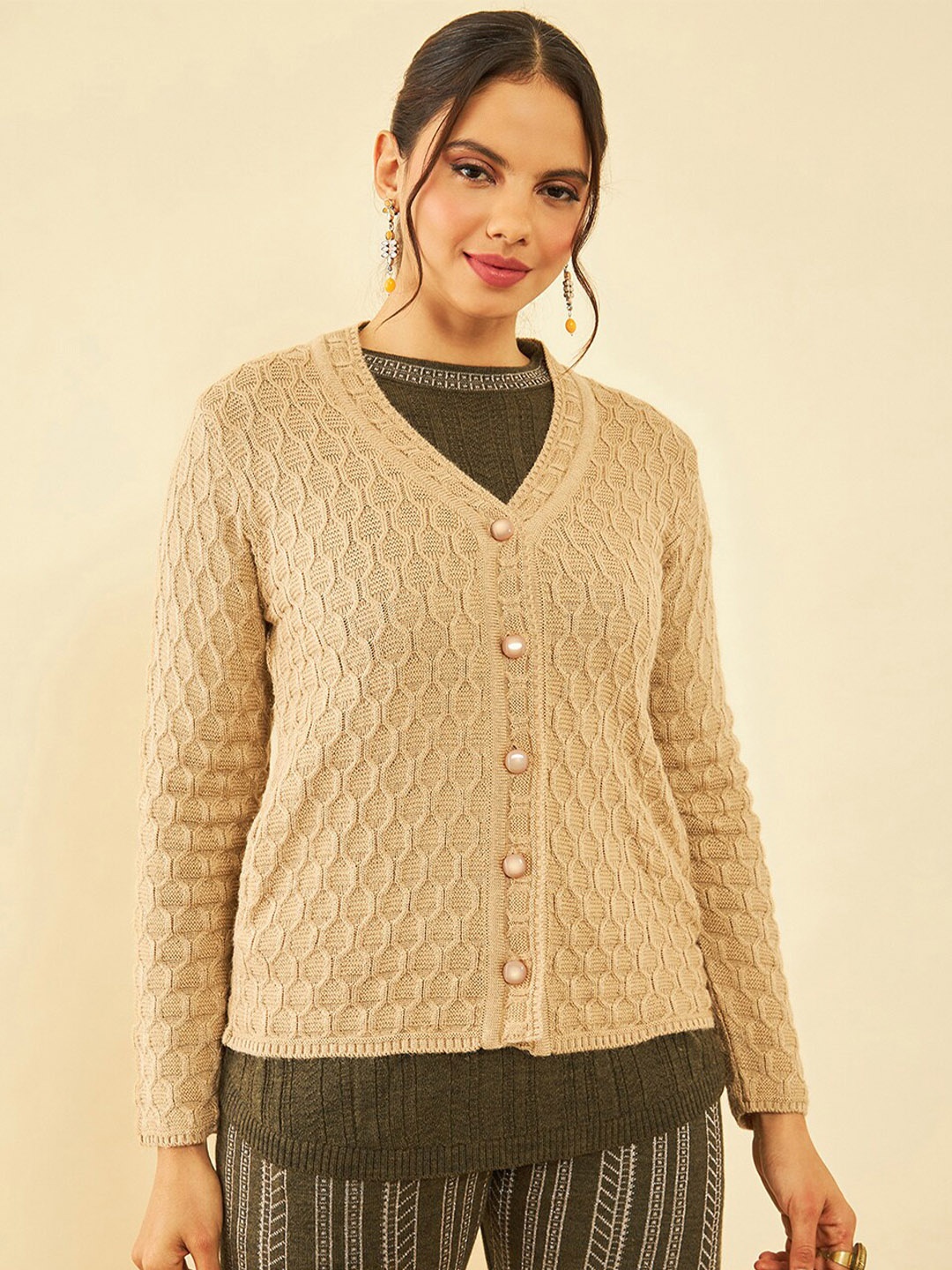 

Soch Beige Cable Knit Self Design V-Neck Acrylic Cardigan