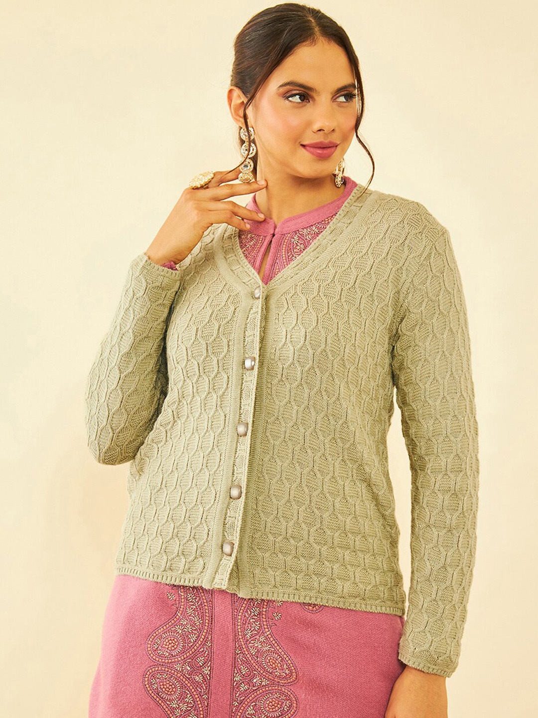 

Soch Green Cable Knit Self Design V-Neck Acrylic Cardigan