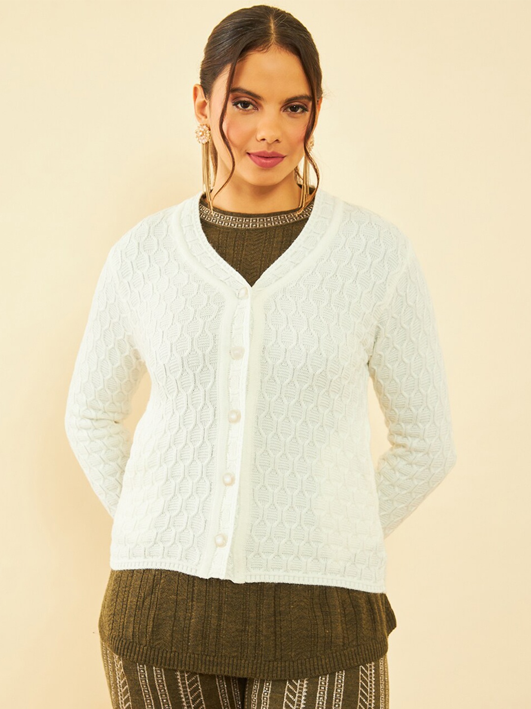 

Soch Off White Geometric Self Design Acrylic Cardigan Sweater