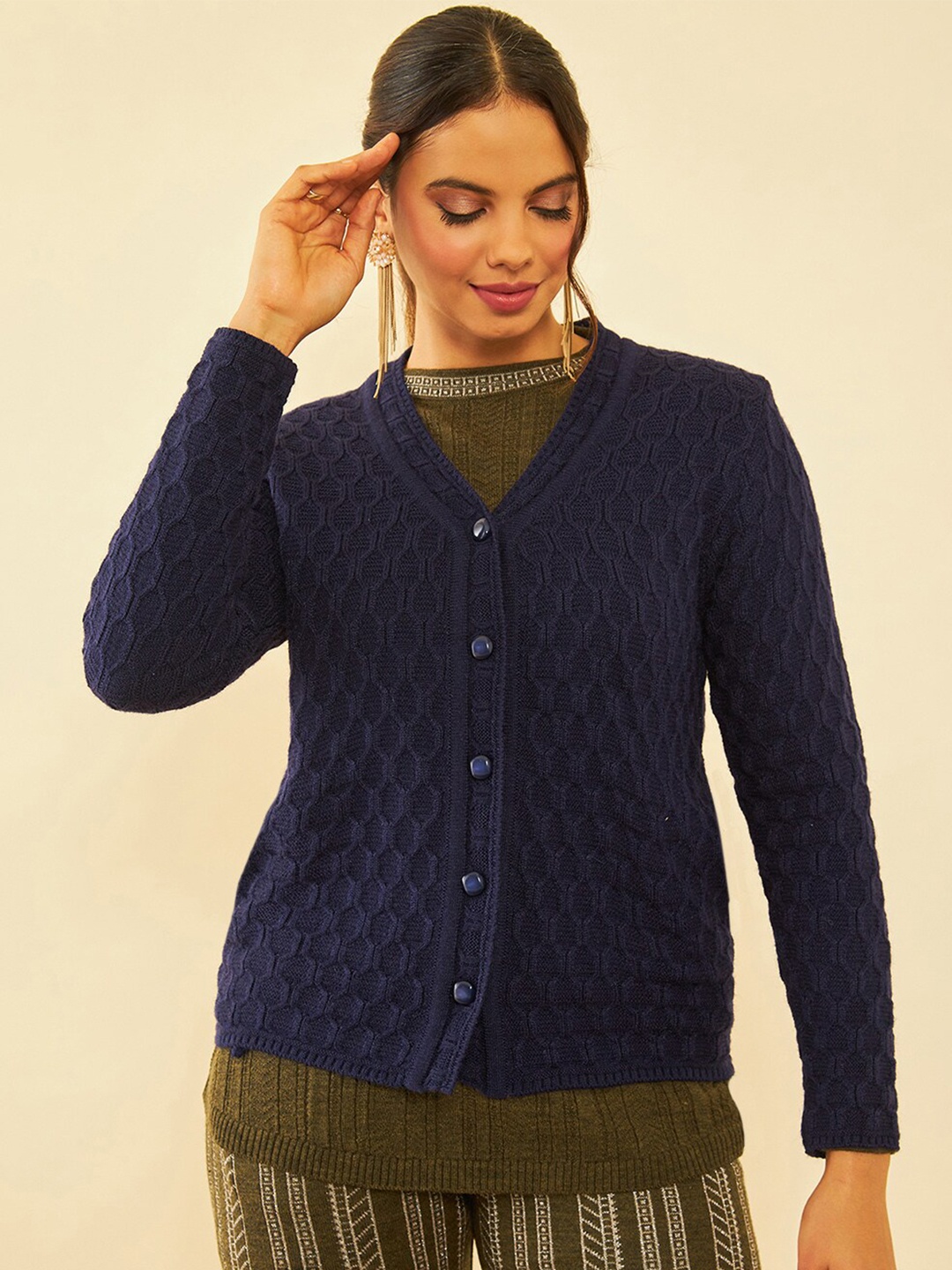 

Soch Navy Blue Cable Knit Self Design V-Neck Acrylic Cardigan