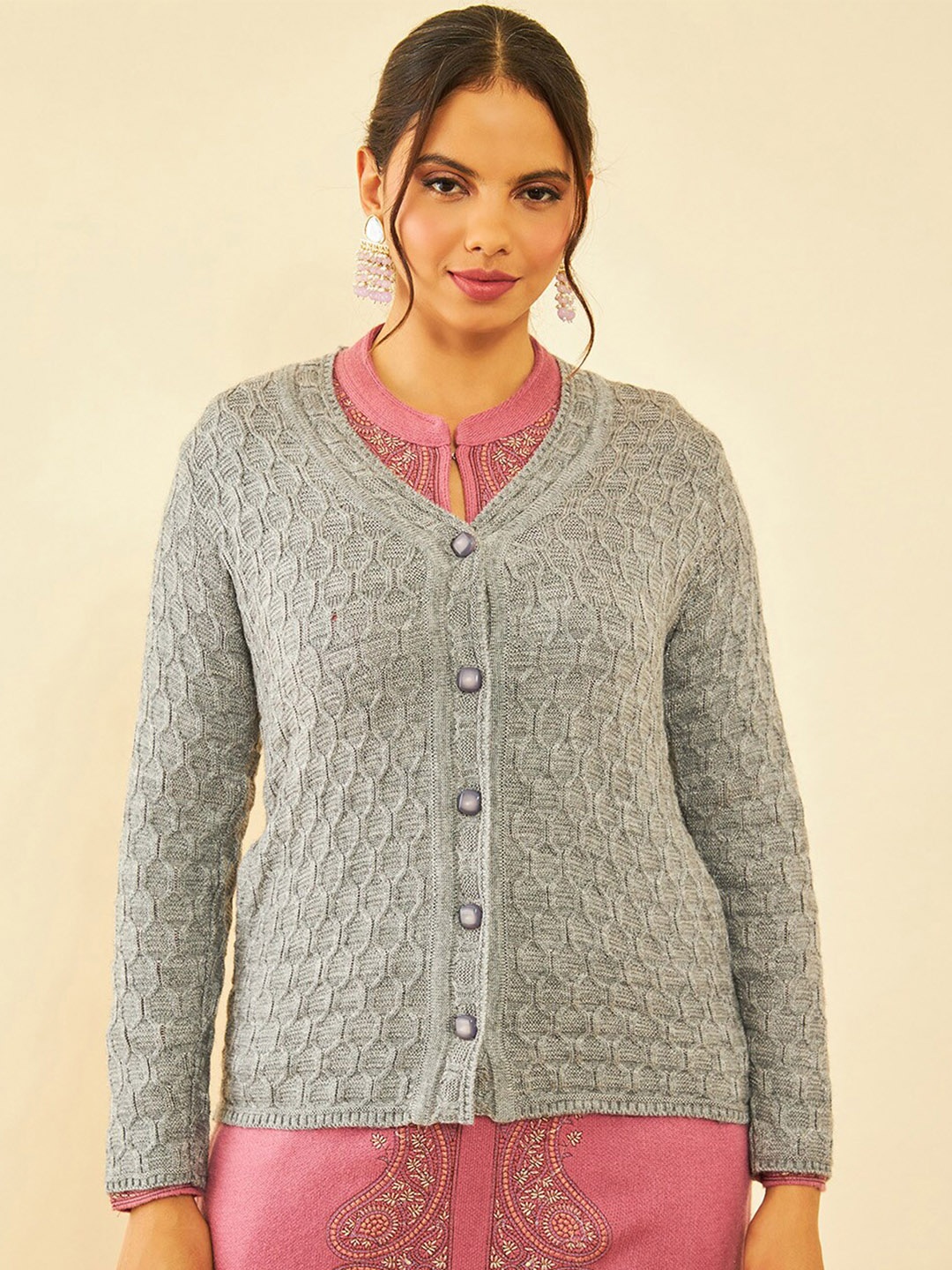 

Soch Grey Cable Knit Self Design V-Neck Acrylic Cardigan