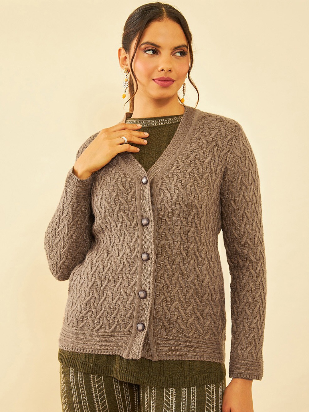 

Soch Brown Cable Knit Self Design V-Neck Acrylic Cardigan