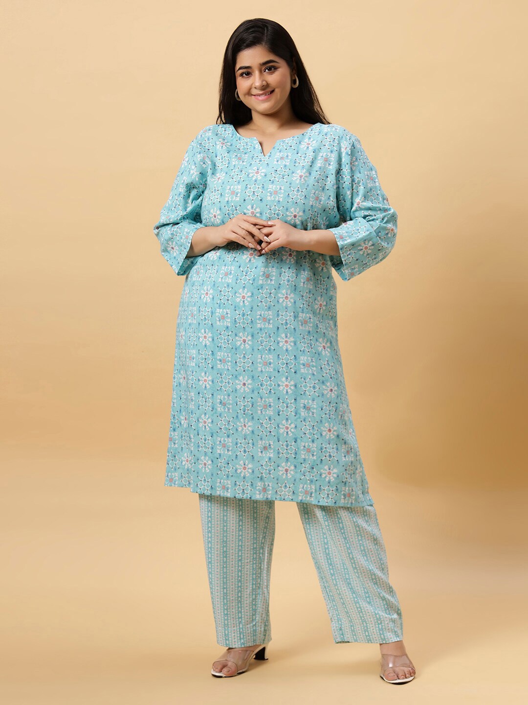 

Sztori Floral Printed Notched Neck Straight Kurta with Trouser, Blue