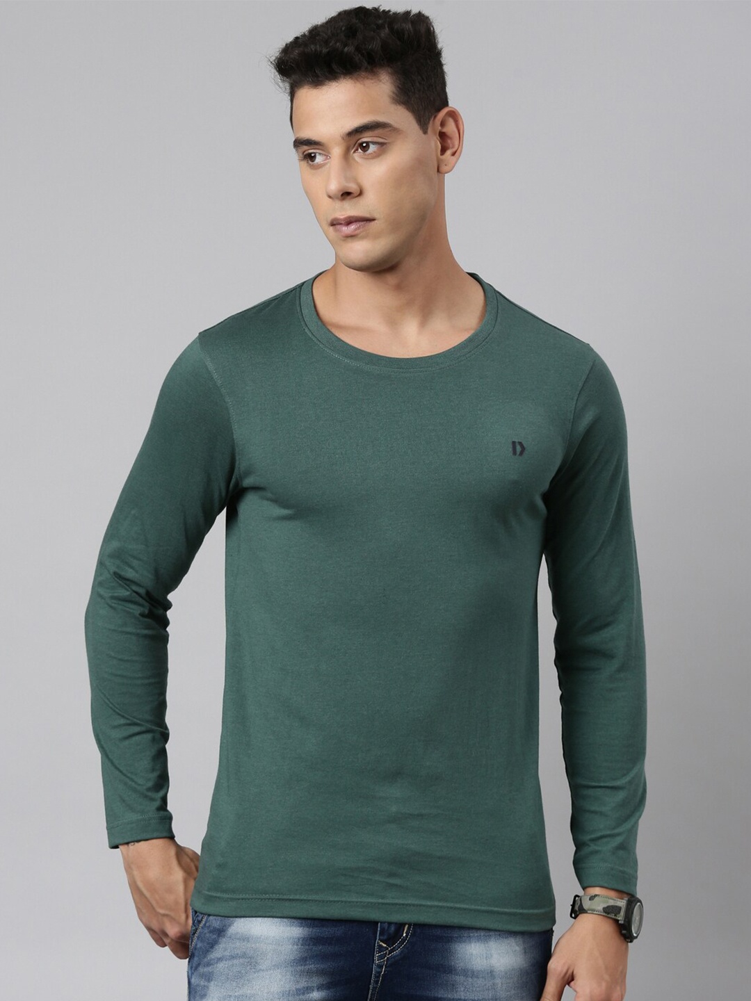 

DIXCY SCOTT Round Neck Full Sleeves Brand Logo Tshirt, Green