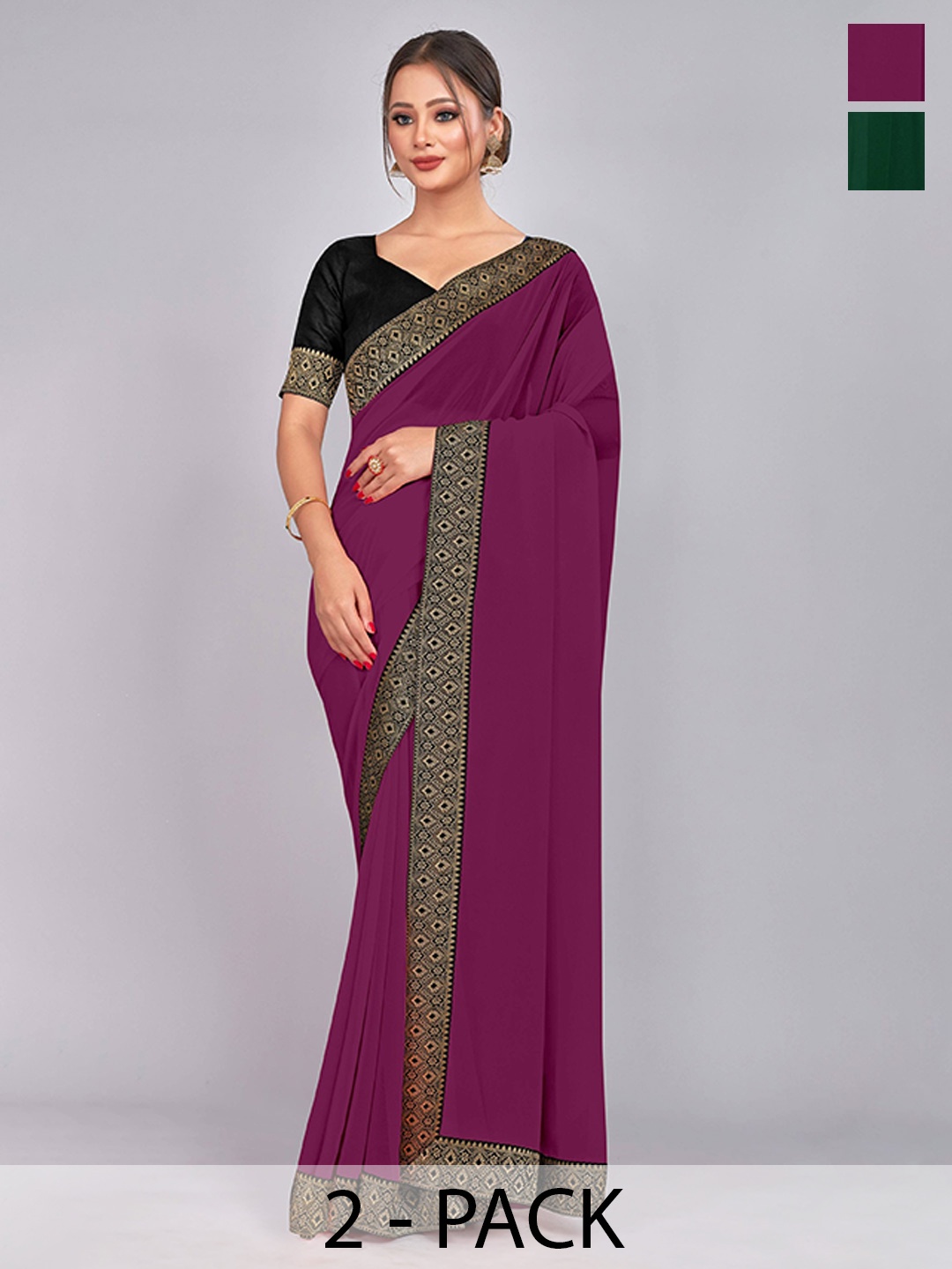 

CastilloFab Selection Of 2 Zari Pure Georgette Lace Saree, Burgundy
