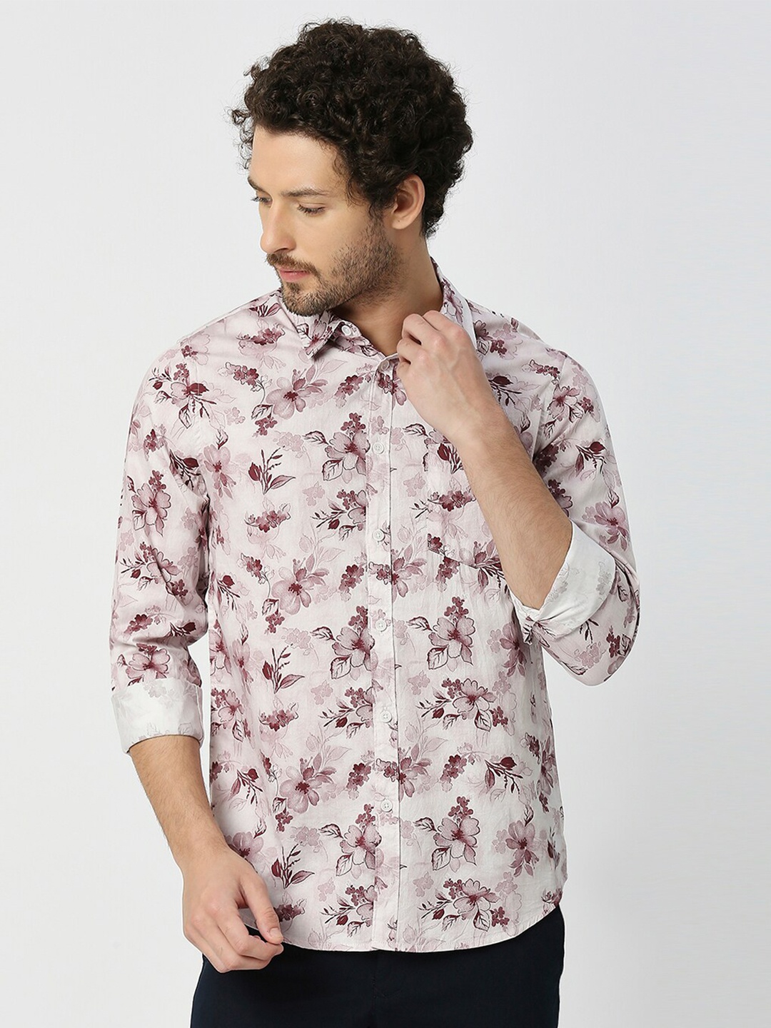 

VALEN CLUB Slim Fit Floral Printed Pure Cotton Casual Shirt, Pink