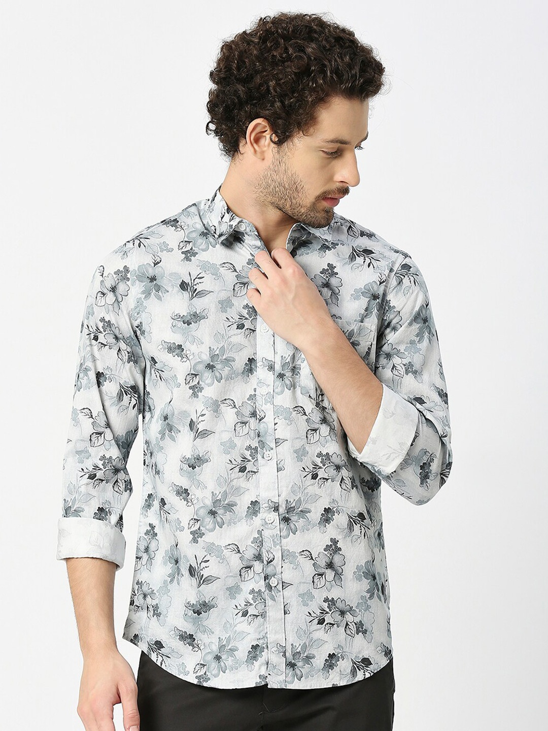 

VALEN CLUB Cotton Floral Printed Spread Collar Full Sleeve Slim Fit Shirt, Grey