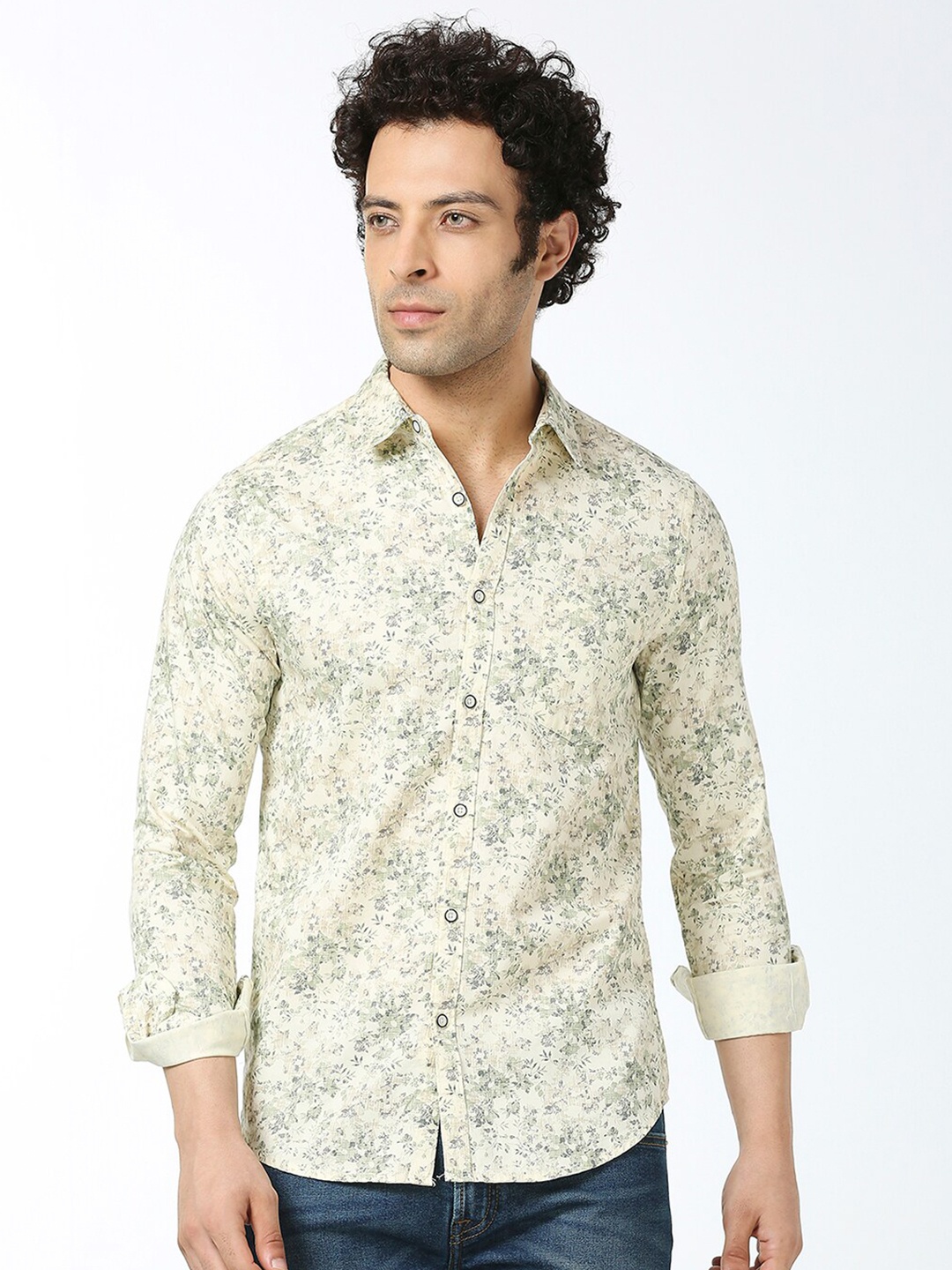 

VALEN CLUB Slim Fit Floral Printed Pure Cotton Casual Shirt, Beige