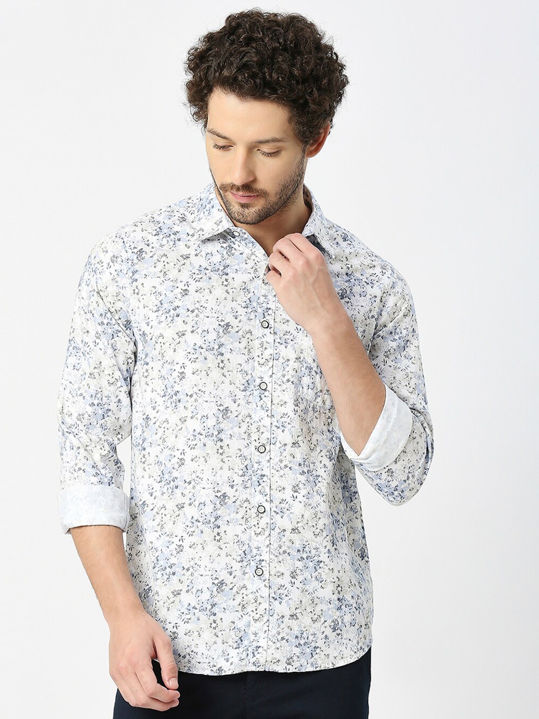 

VALEN CLUB Slim Fit Floral Printed Pure Cotton Casual Shirt, Blue
