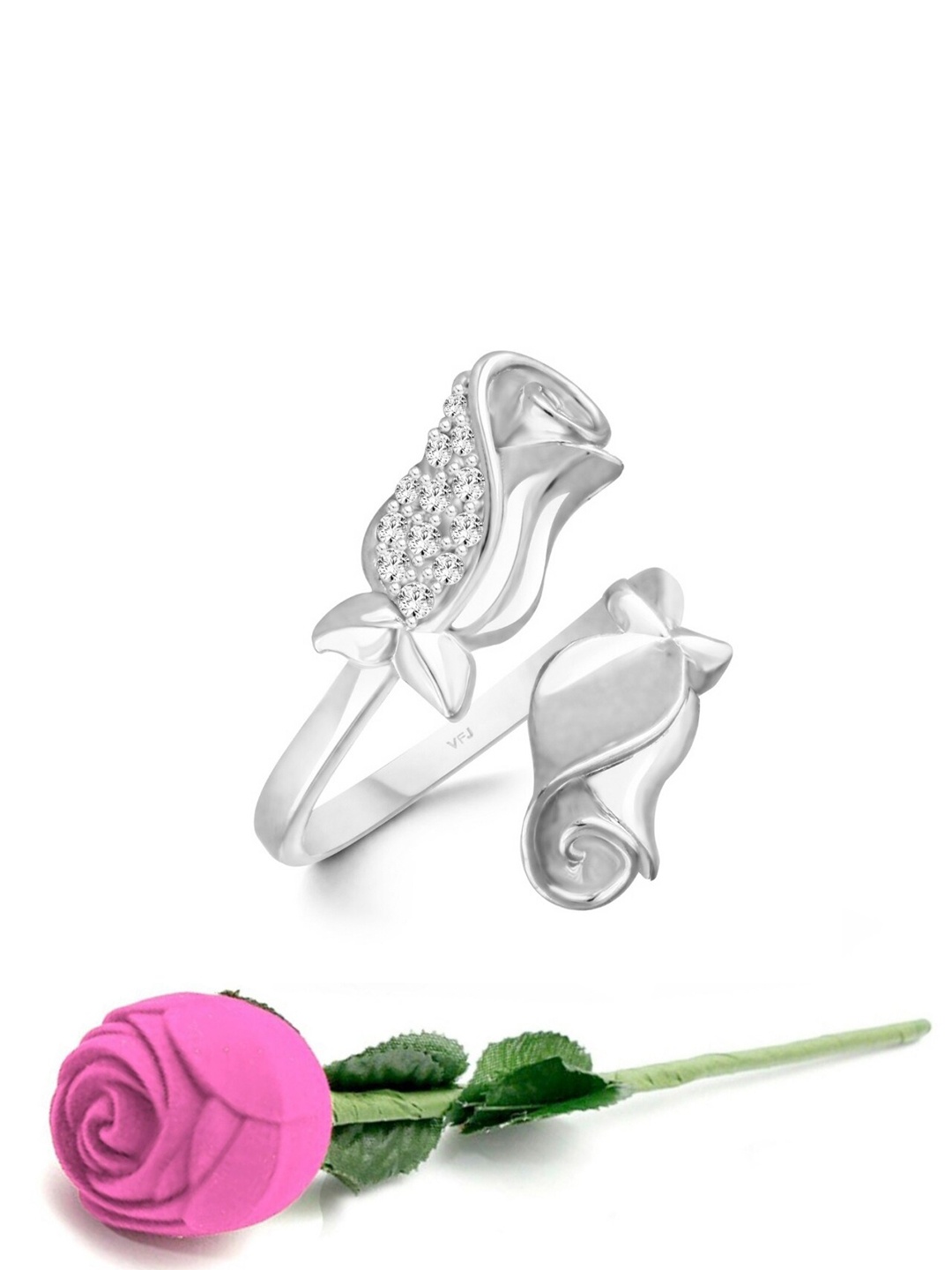 

Vighnaharta Rhodium-Plated Stone Studded Finger Ring With Rose Box, Silver