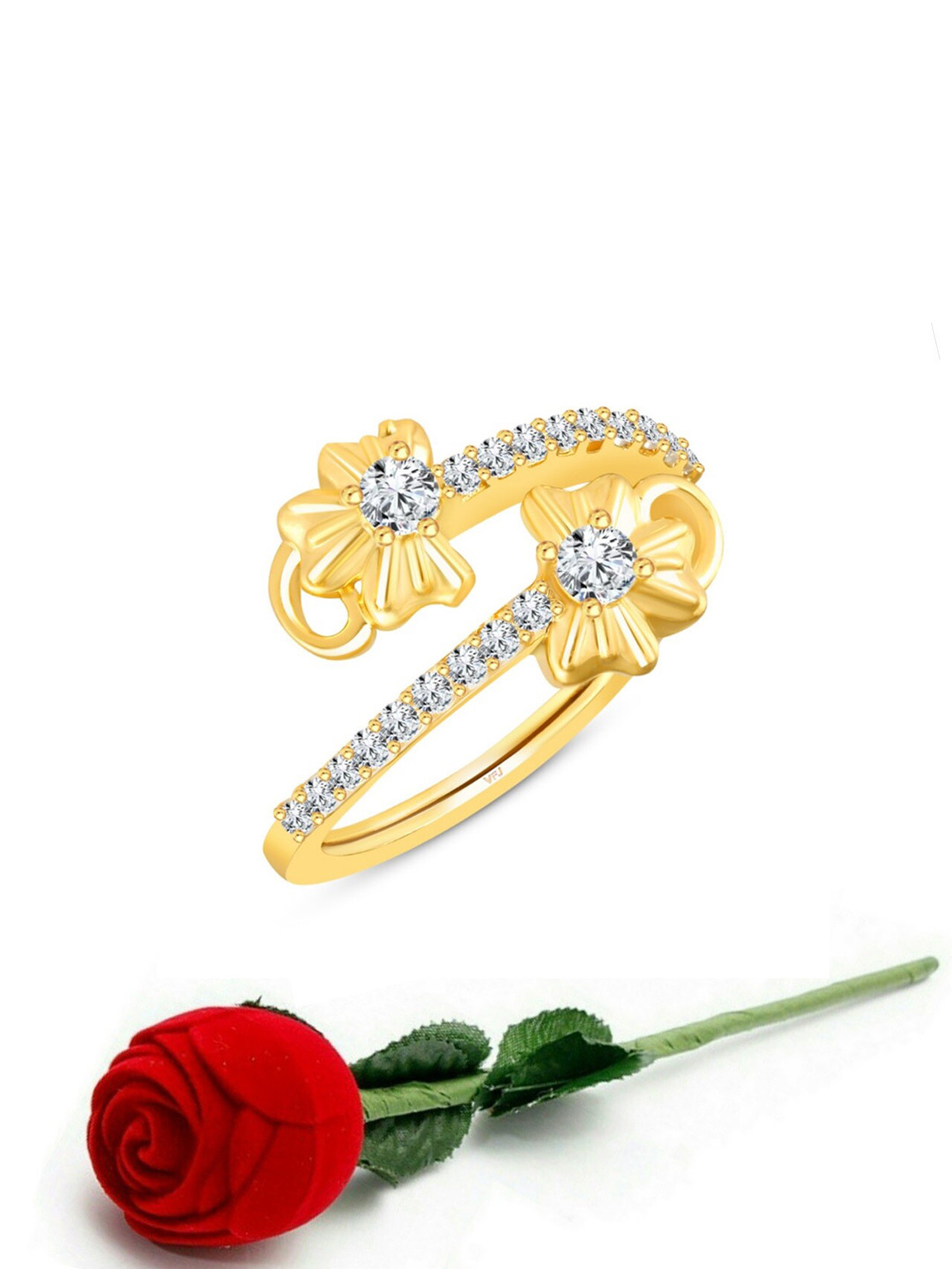 

Vighnaharta Gold-Plated CZ-Studded Adjustable Finger Ring With Rose Box