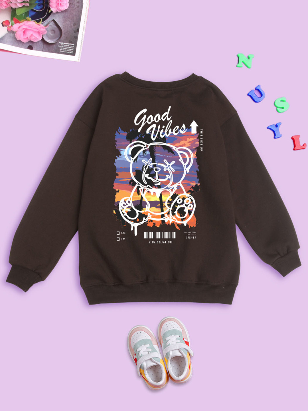 

BAESD Kids Graphic Printed Round Neck Long Sleeves Fleece Pullover Oversized Sweatshirt, Brown