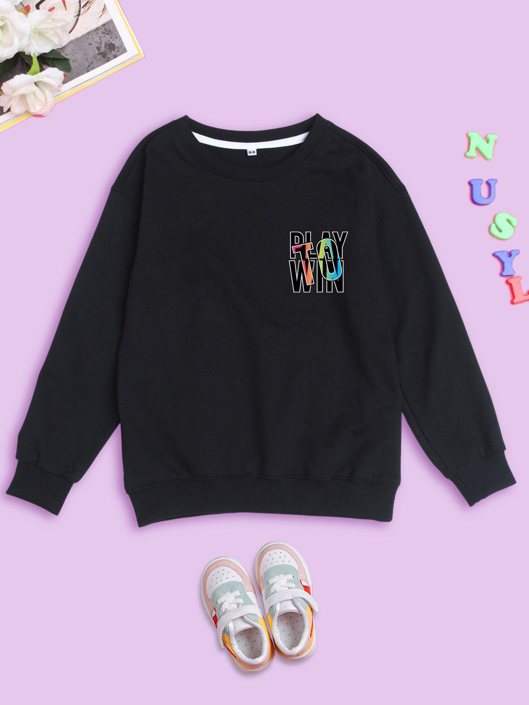 

BAESD Kids Typography Printed Round Neck Long Sleeves Fleece Pullover Oversized Sweatshirt, Black